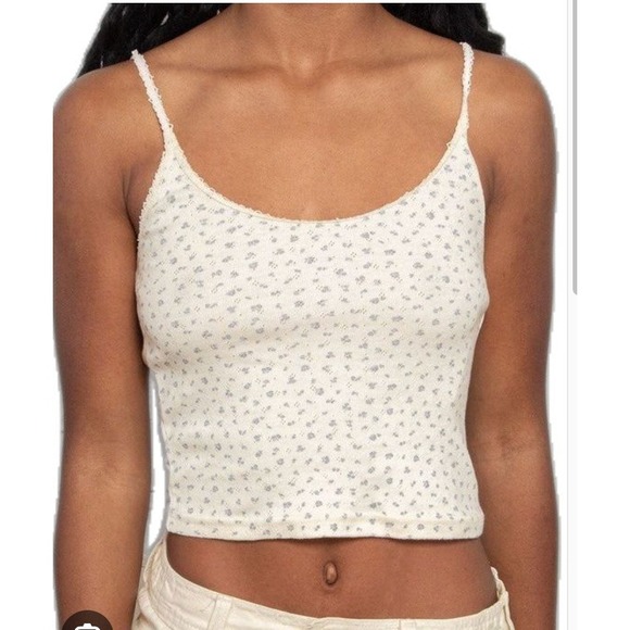 Brandy Melville Tops - Brandy Melville Blue Floral Pointelle Lace Trim Cami Tank Top Cream One Size